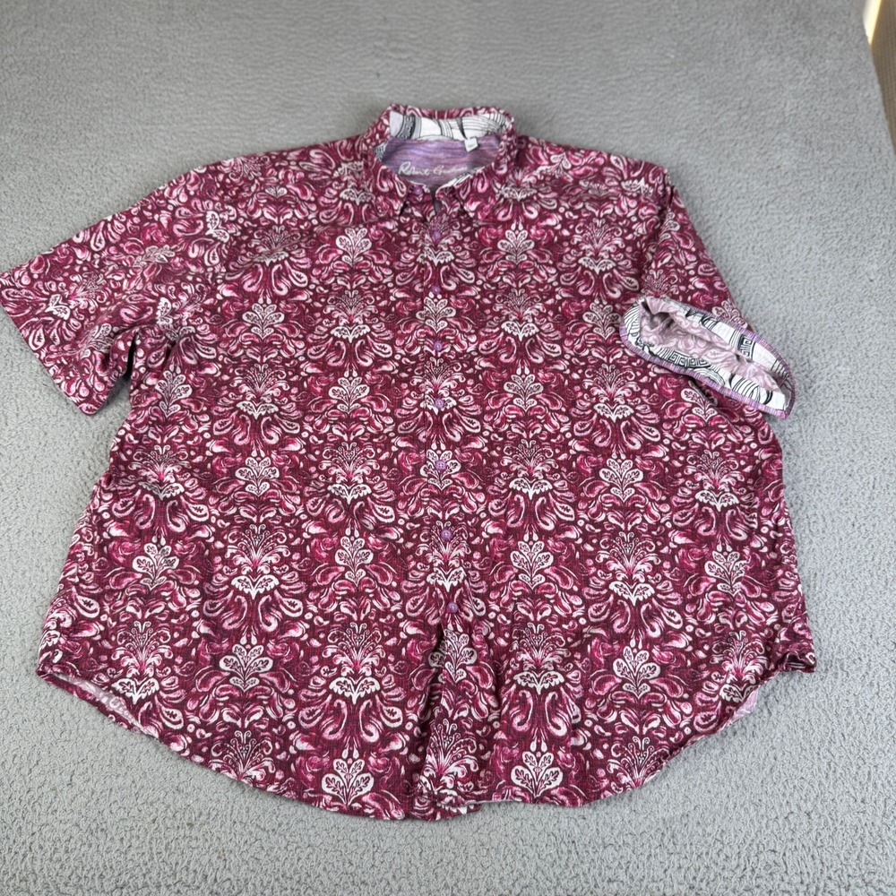 Robert Graham Shirt Mens 3XL Burgundy Damask Paisley Short Sleeve Button Down